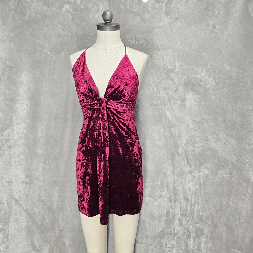 Fashion Nova Mini Dress Womens S Burgundy Crushed Velvet Knot Front Y2K Glam